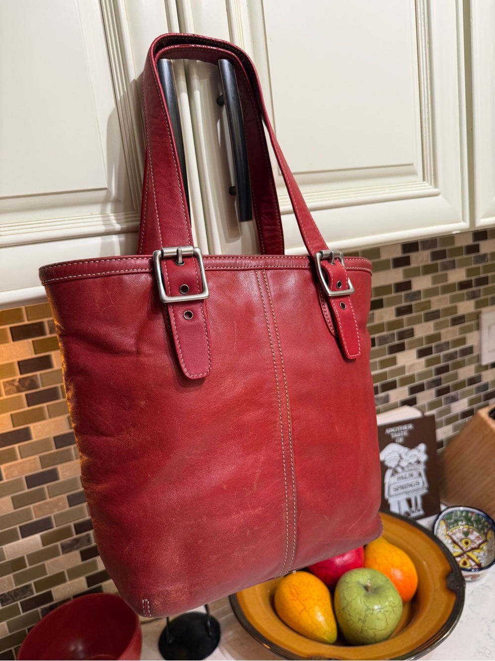 Coach Red Leather Shoulder Tote with Buckle Straps
